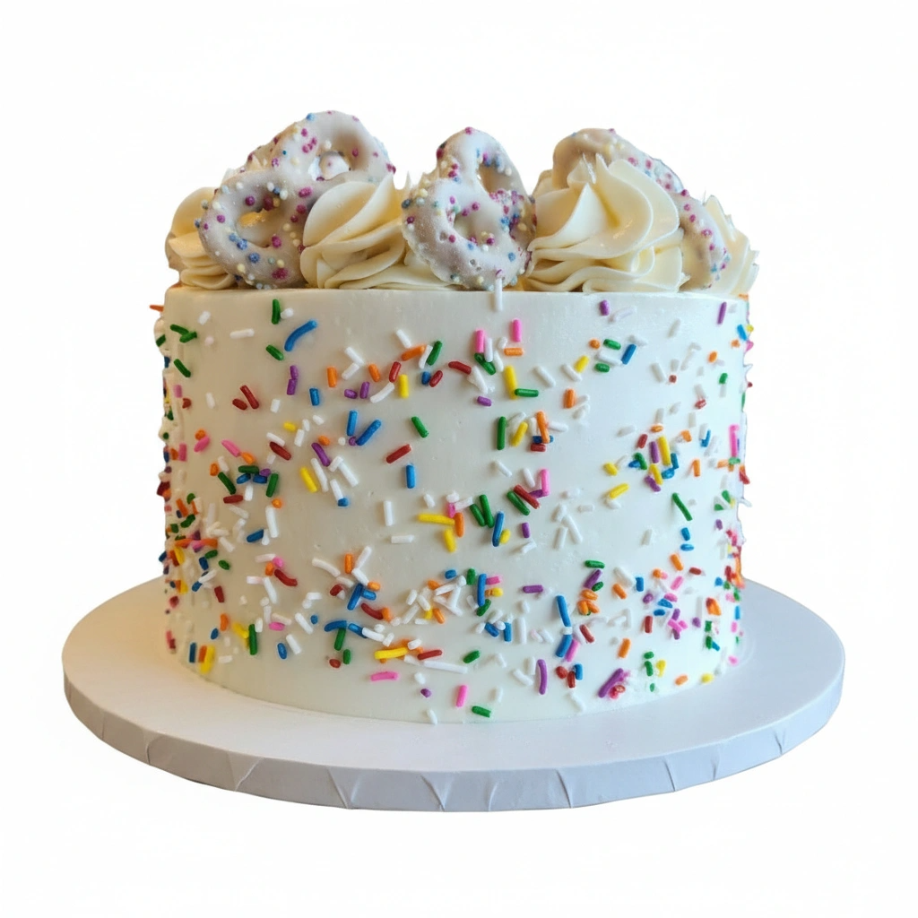 Cake with white frosting, colorful sprinkles, and decorative swirls on a white background