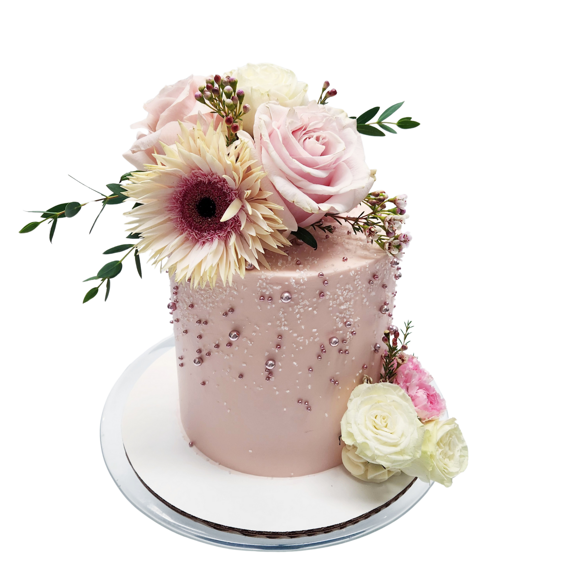 pink cake with flowers