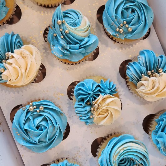 blue and white cupcake