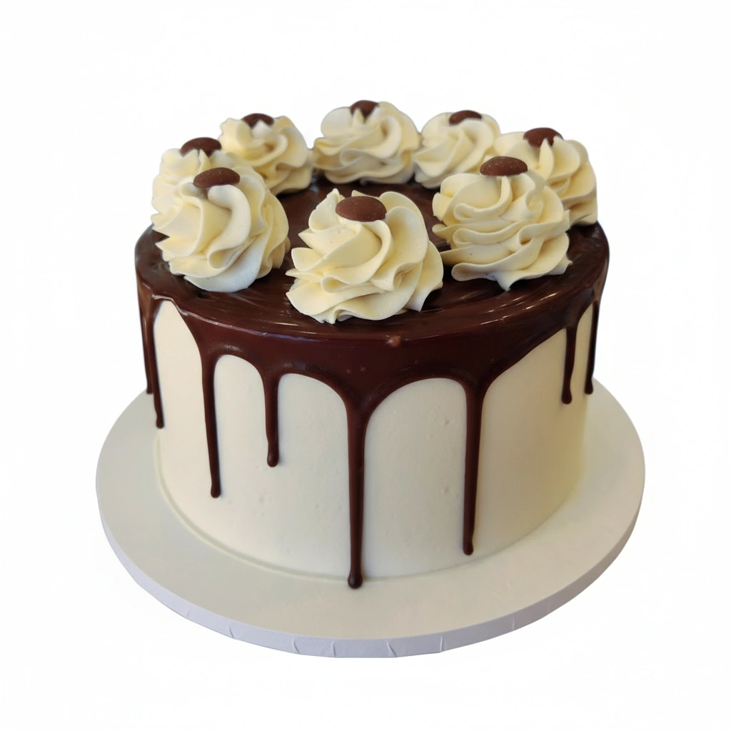 Chocolate cake with white frosting and chocolate drizzle on a white background