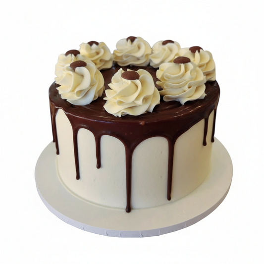 Chocolate cake with white frosting and chocolate drizzle on a white background