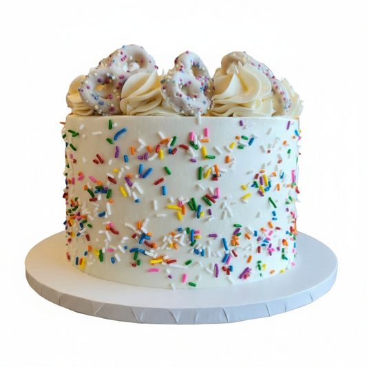 Cake with white frosting, colorful sprinkles, and decorative swirls on a white background