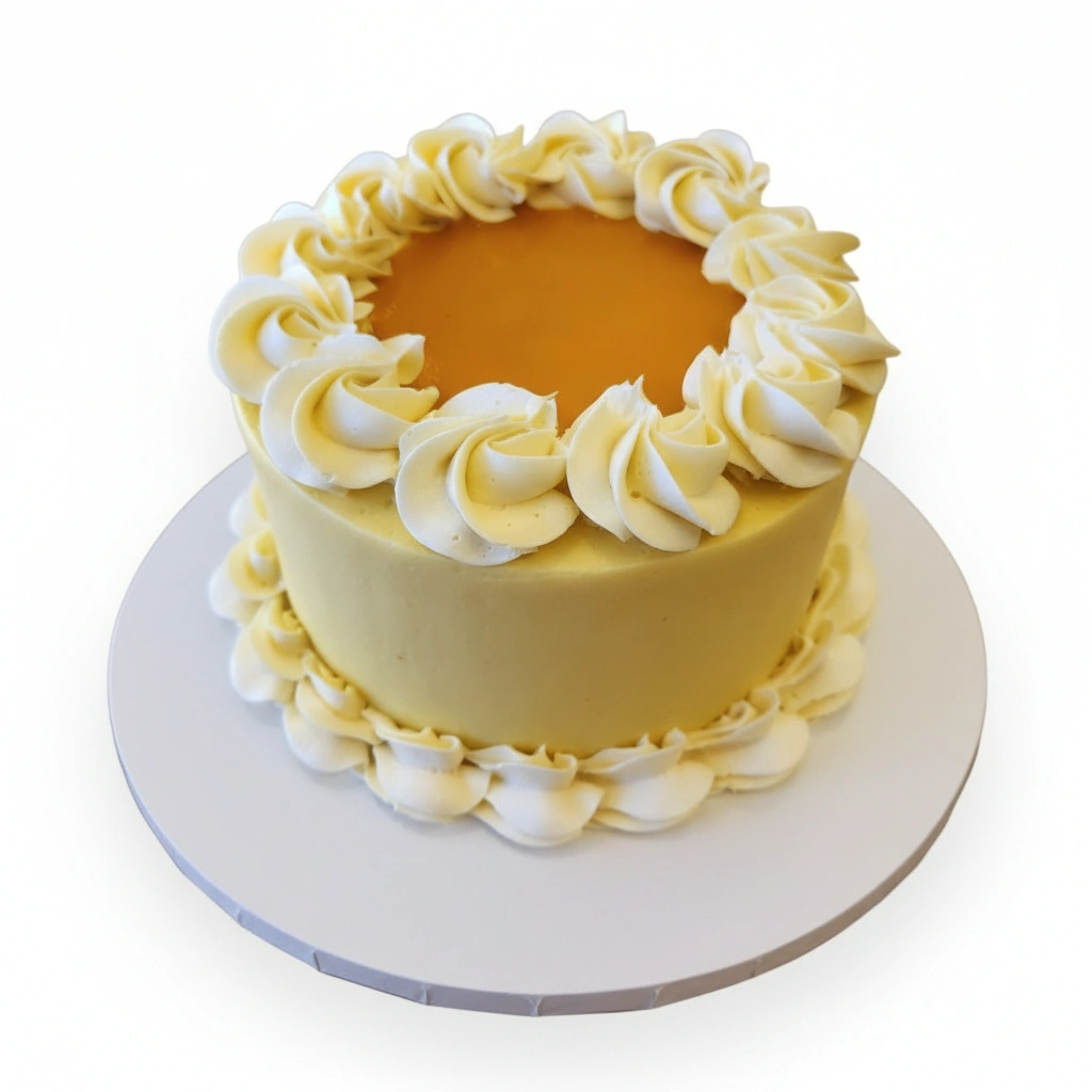 Yellow cake with white frosting on a white background