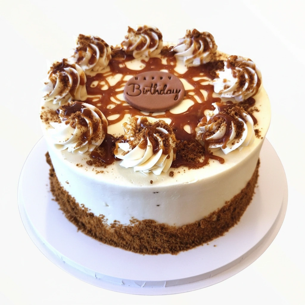 Birthday cake with white frosting, chocolate shavings, and a 'Happy Birthday' topper on a white background.